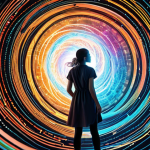 Abstract visualization of a data analyst (female) 'diving' into a complex, swirling vortex of glowing data points, numbers, and code. As she interacts, the chaos transforms into clear, beautiful, interconnected patterns and meaningful narrative insights, like a story unfolding. Futuristic, high-tech, vibrant colors, digital art, focus on clarity emerging from complexity.