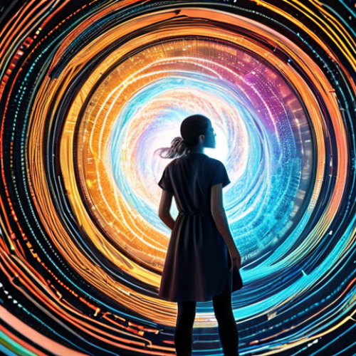 Abstract visualization of a data analyst (female) 'diving' into a complex, swirling vortex of glowing data points, numbers, and code. As she interacts, the chaos transforms into clear, beautiful, interconnected patterns and meaningful narrative insights, like a story unfolding. Futuristic, high-tech, vibrant colors, digital art, focus on clarity emerging from complexity.