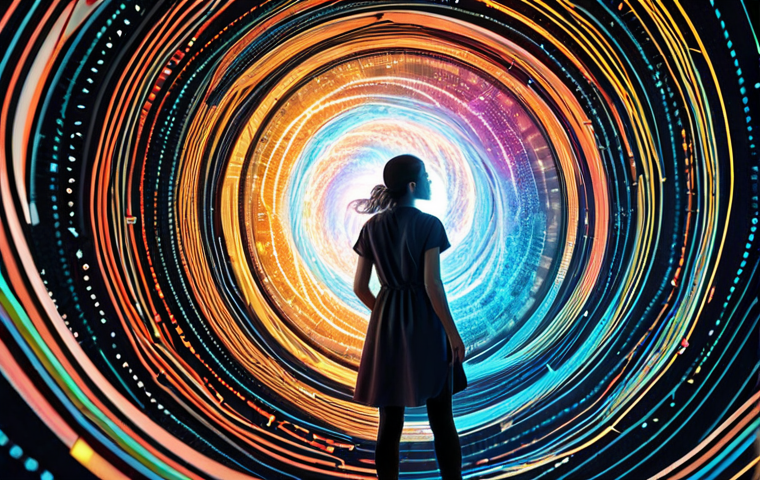Abstract visualization of a data analyst (female) 'diving' into a complex, swirling vortex of glowing data points, numbers, and code. As she interacts, the chaos transforms into clear, beautiful, interconnected patterns and meaningful narrative insights, like a story unfolding. Futuristic, high-tech, vibrant colors, digital art, focus on clarity emerging from complexity.